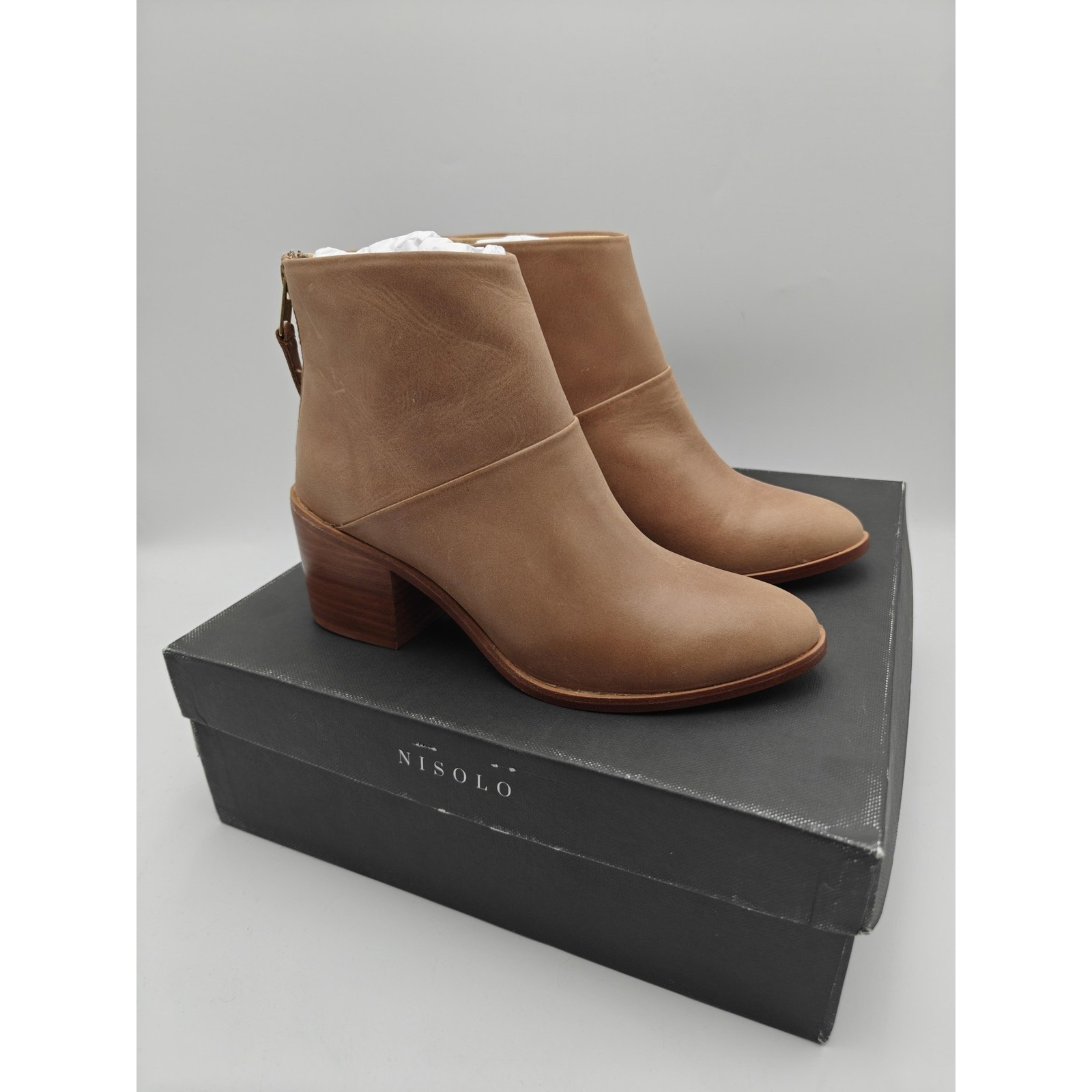 Nisolo Booties Womens Size 7.5 Brown Leather Dari Boot Ankle Zip Block Heel